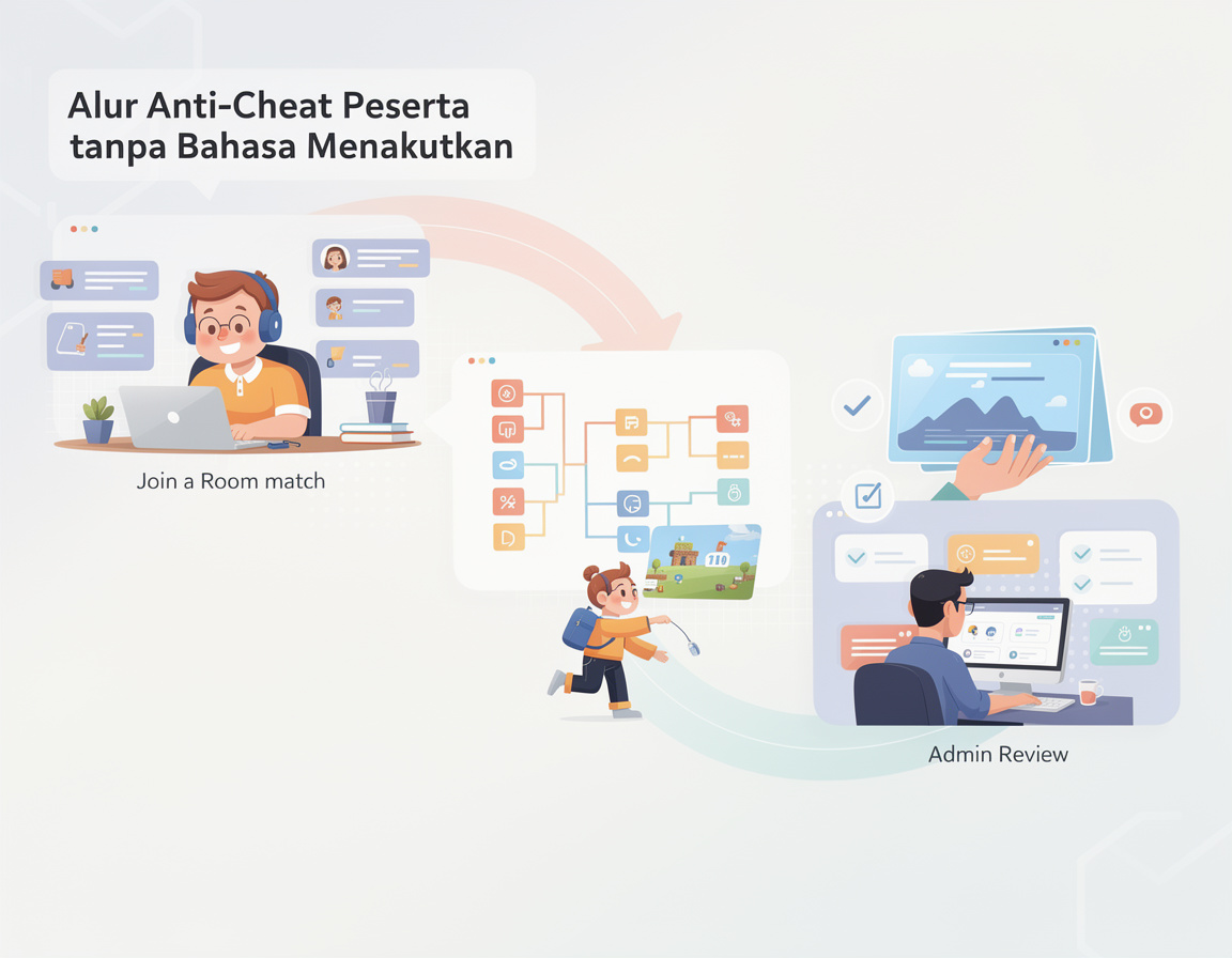 Ilustrasi alur anti-cheat peserta tanpa bahasa menakutkan untuk dino123 dengan room match, bracket, screenshot skor, dan admin review
