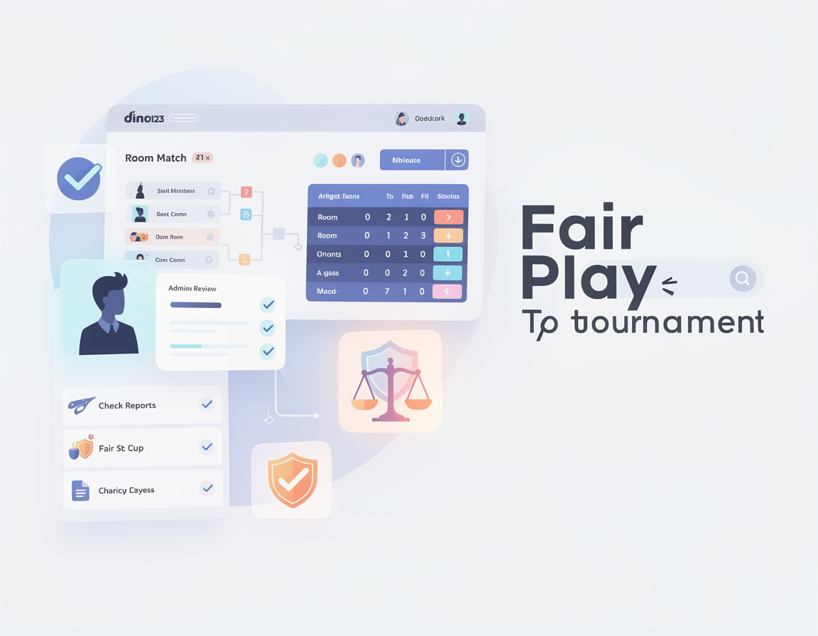 Ilustrasi cara memahami fair play untuk cup pertama untuk dino123 dengan room match, bracket, screenshot skor, dan admin review